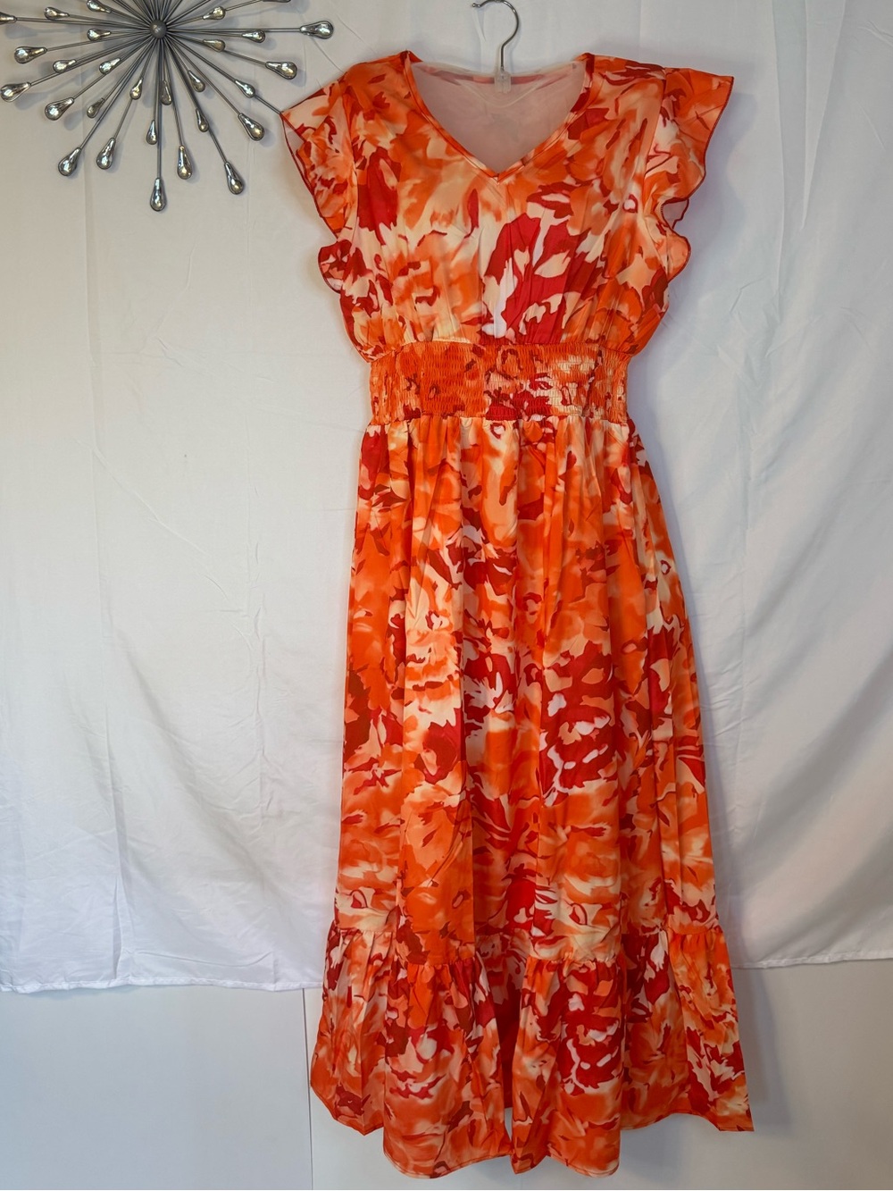 Floral V-Neck Maxi Dress With Stylish Flutter Sleeve Caps Orange Size L NWT